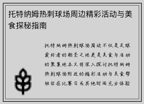 托特纳姆热刺球场周边精彩活动与美食探秘指南