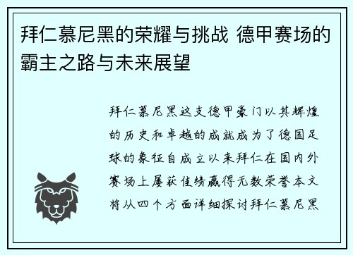 拜仁慕尼黑的荣耀与挑战 德甲赛场的霸主之路与未来展望