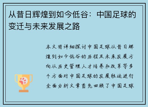 从昔日辉煌到如今低谷：中国足球的变迁与未来发展之路