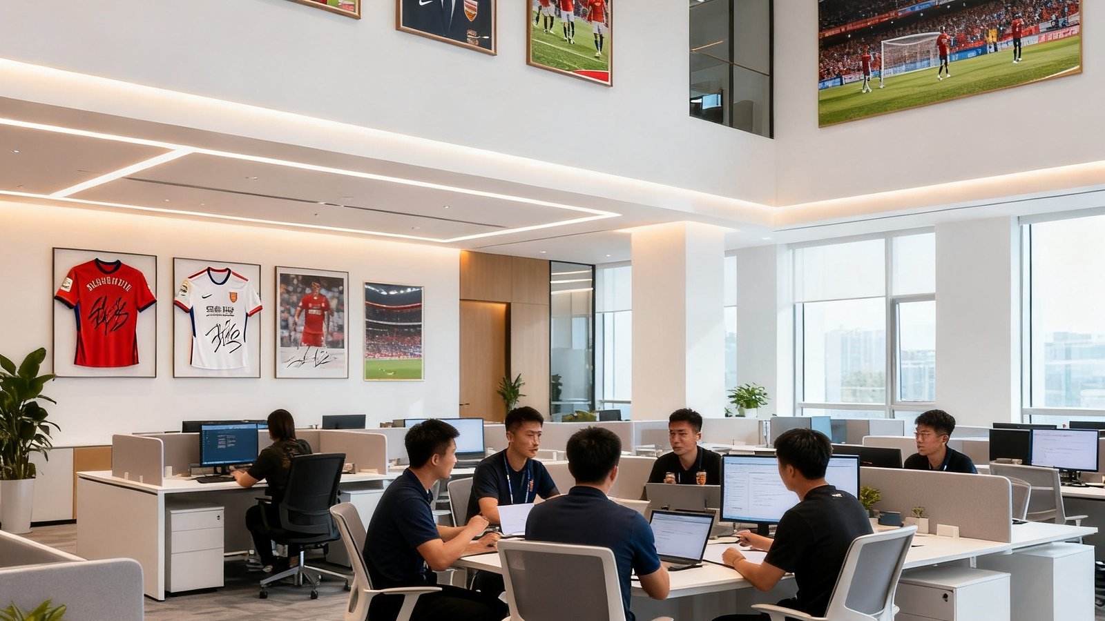 华跃体育产业集团总部办公室内景，现代化装修风格，宽敞明亮的开放式工位，墙上悬挂着赛事纪念照片和运动员签名球衣，员工正在热烈讨论赛事运营方案